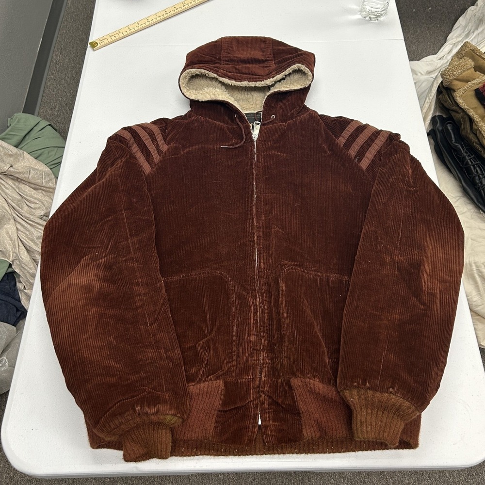 JCPenney Corduroy Jacket Mens 44L Brown Sherpa Lined Hooded Vintage Zip Up